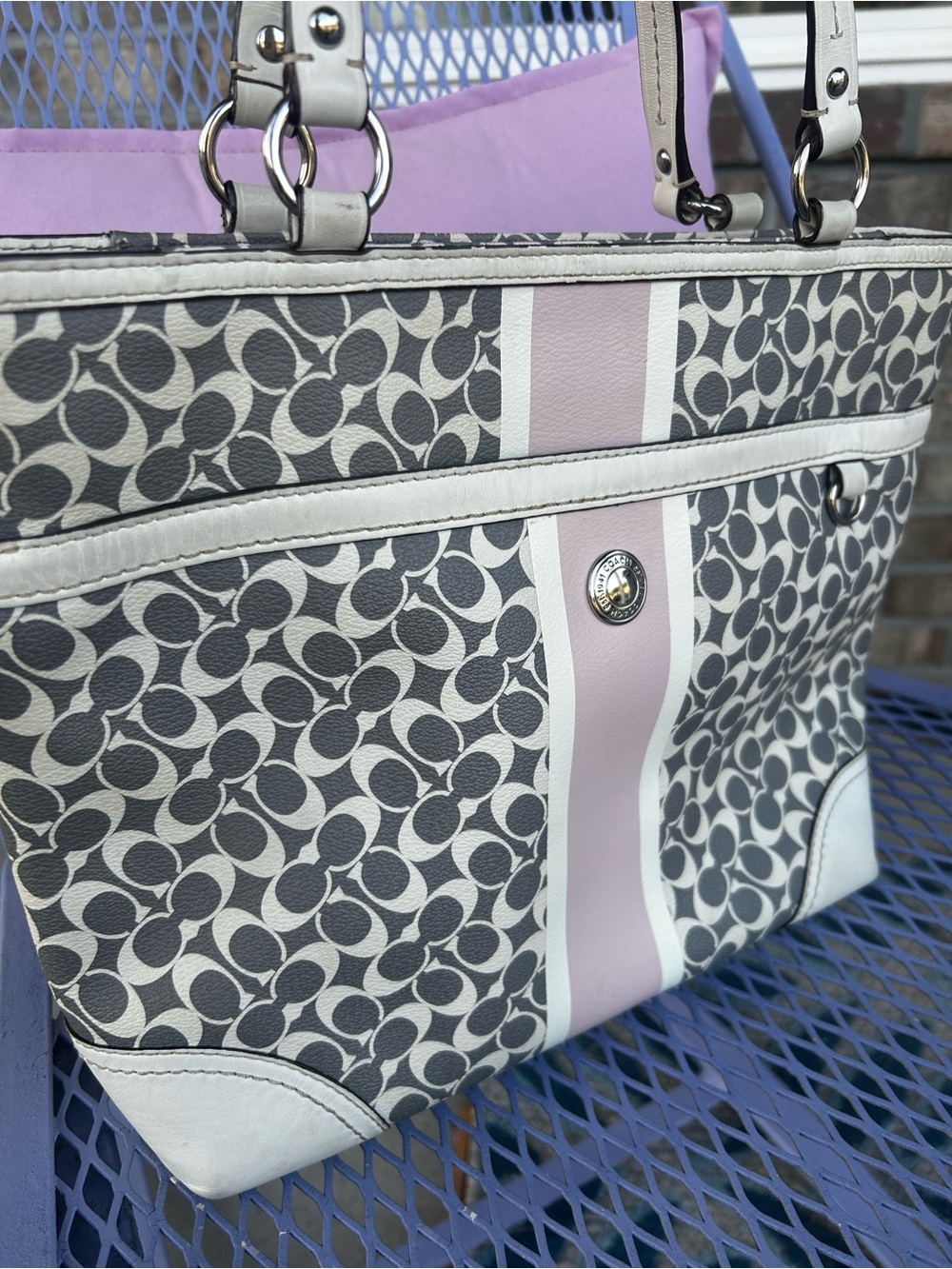 Coach Gray Signature Tote with Pink Center Stripe